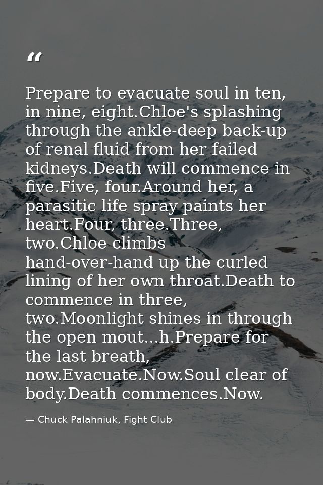 Prepare to evacuate soul in ten, in nine, eight.Chloe's splashing through the ankle-deep back-up of renal fluid from her — Chuck Palahniuk, Fight Club