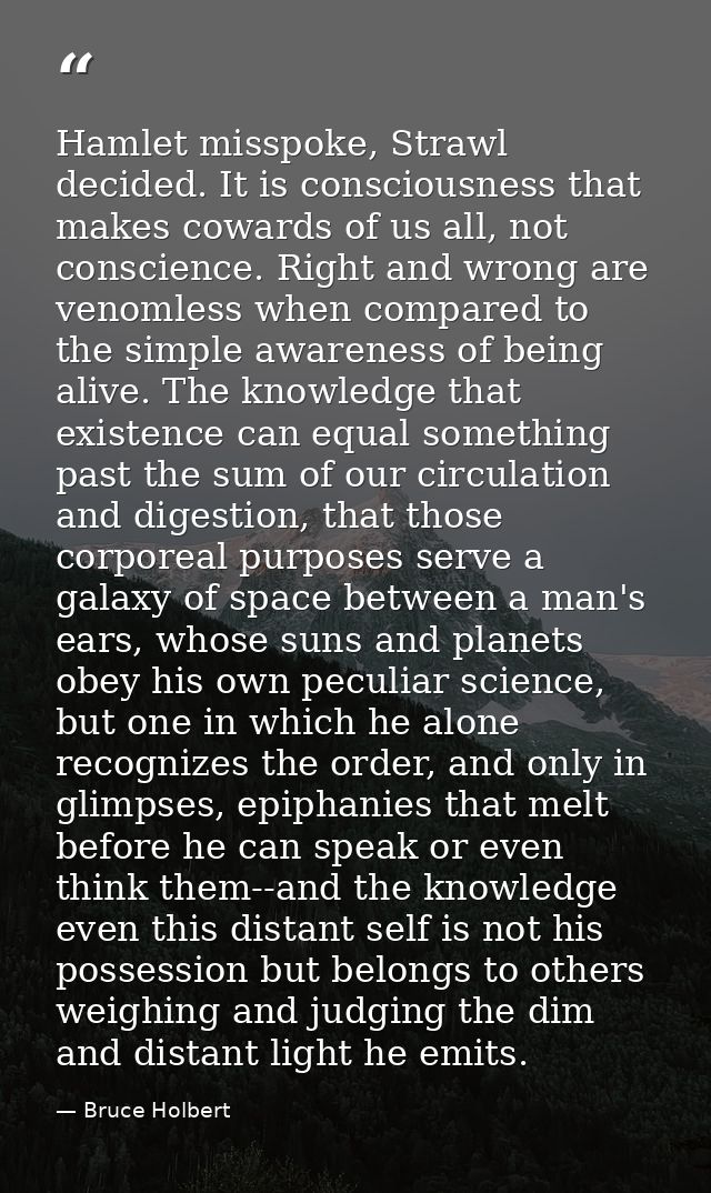 Hamlet misspoke, Strawl decided. It is consciousness that makes cowards of us all, not conscience. Right and wrong are v — Bruce Holbert