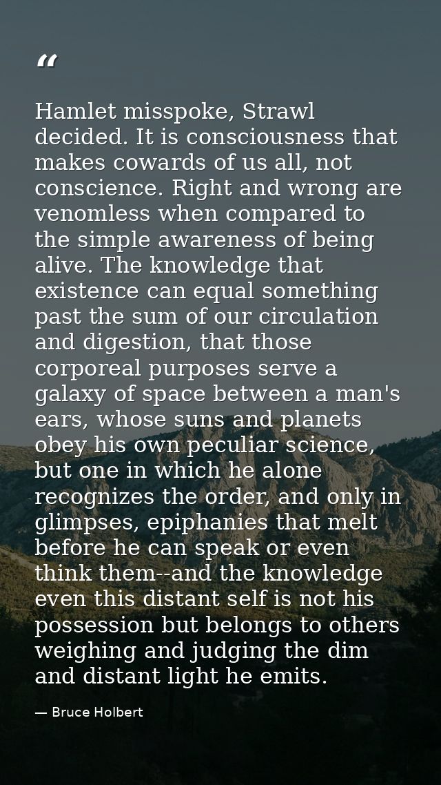 Hamlet misspoke, Strawl decided. It is consciousness that makes cowards of us all, not conscience. Right and wrong are v — Bruce Holbert