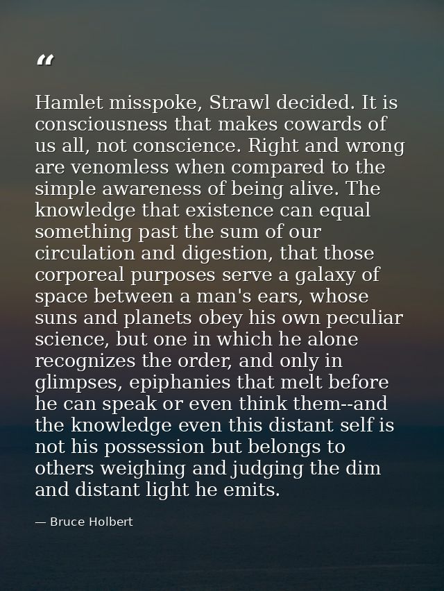 Hamlet misspoke, Strawl decided. It is consciousness that makes cowards of us all, not conscience. Right and wrong are v — Bruce Holbert