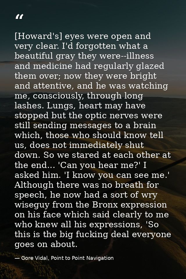 [Howard's] eyes were open and very clear. I'd forgotten what a beautiful gray they were--illness and medicine had regula — Gore Vidal, Point to Point Navigation