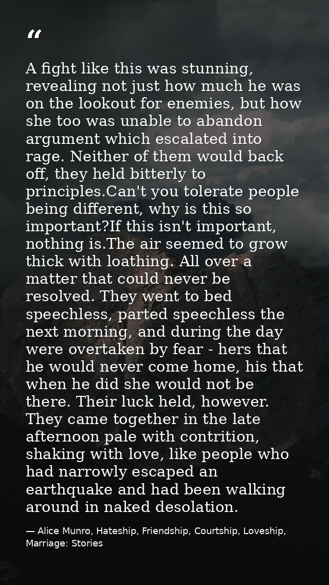 A fight like this was stunning, revealing not just how much he was on the lookout for enemies, but how she too was unabl — Alice Munro, Hateship, Friendship, Courtship, Loveship, Marriage: Stories