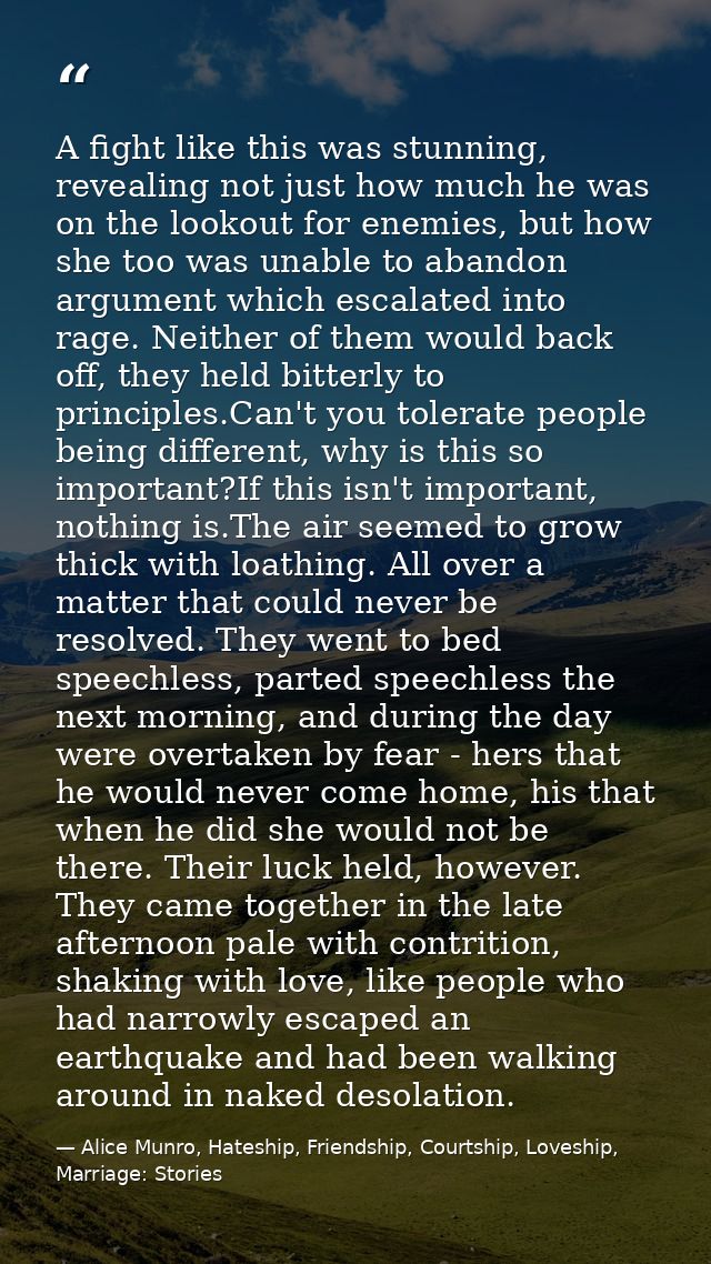 A fight like this was stunning, revealing not just how much he was on the lookout for enemies, but how she too was unabl — Alice Munro, Hateship, Friendship, Courtship, Loveship, Marriage: Stories