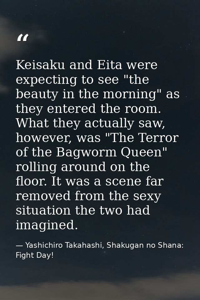 Keisaku and Eita were expecting to see "the beauty in the morning" as they entered the room. What they actually saw, how — Yashichiro Takahashi, Shakugan no Shana: Fight Day!