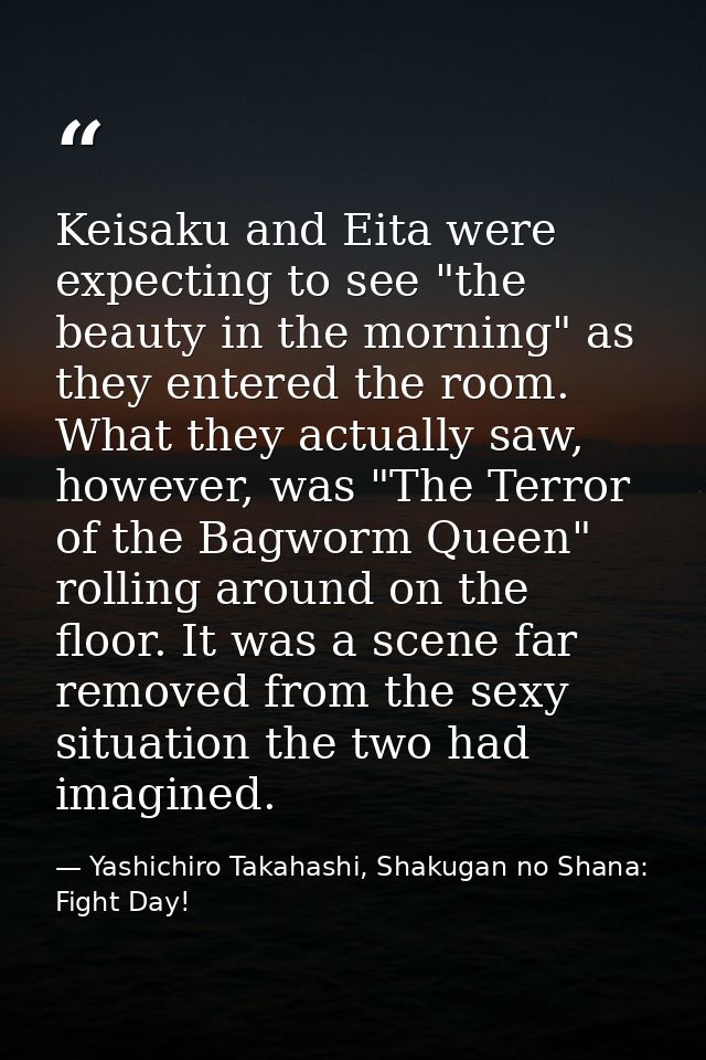 Keisaku and Eita were expecting to see "the beauty in the morning" as they entered the room. What they actually saw, how — Yashichiro Takahashi, Shakugan no Shana: Fight Day!