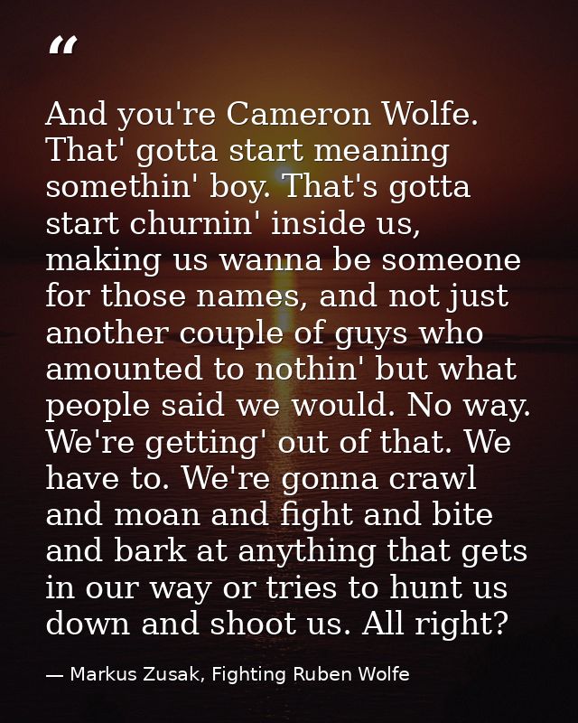 And you're Cameron Wolfe. That' gotta start meaning somethin' boy. That's gotta start churnin' inside us, making us wann — Markus Zusak, Fighting Ruben Wolfe