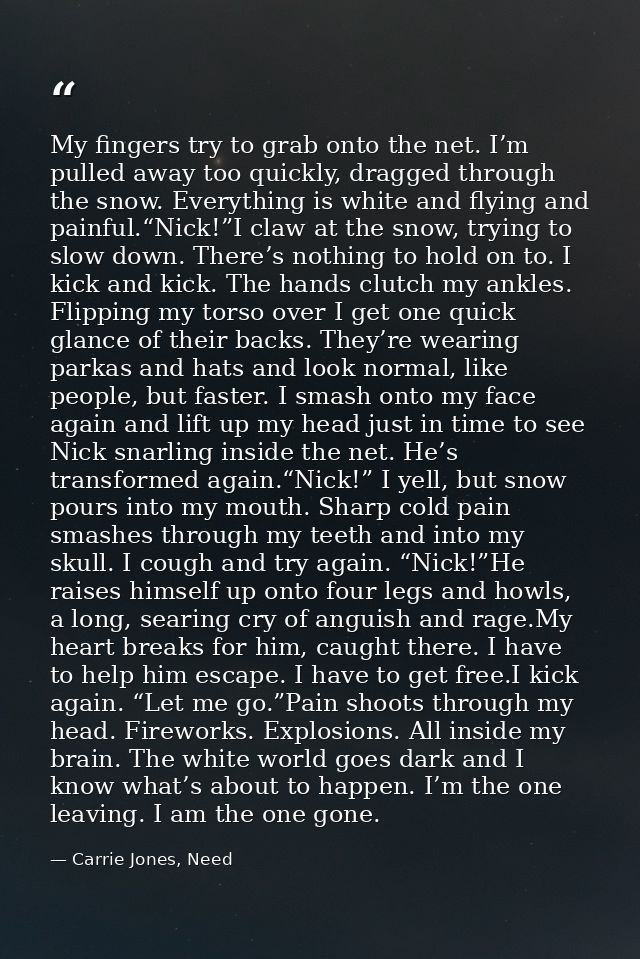 My fingers try to grab onto the net. I’m pulled away too quickly, dragged through the snow. Everything is white and flyi — Carrie Jones, Need