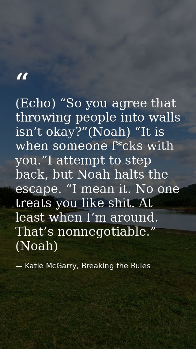 (Echo) “So you agree that throwing people into walls isn’t okay?”(Noah) “It is when someone f*cks with you.”I attempt to — Katie McGarry, Breaking the Rules