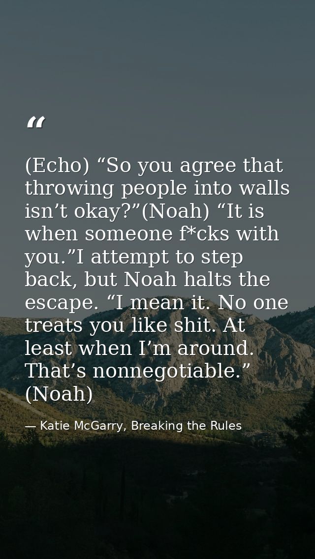 (Echo) “So you agree that throwing people into walls isn’t okay?”(Noah) “It is when someone f*cks with you.”I attempt to — Katie McGarry, Breaking the Rules