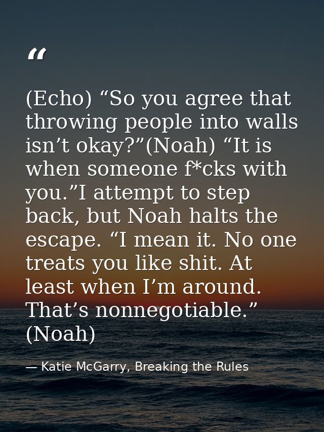 (Echo) “So you agree that throwing people into walls isn’t okay?”(Noah) “It is when someone f*cks with you.”I attempt to — Katie McGarry, Breaking the Rules