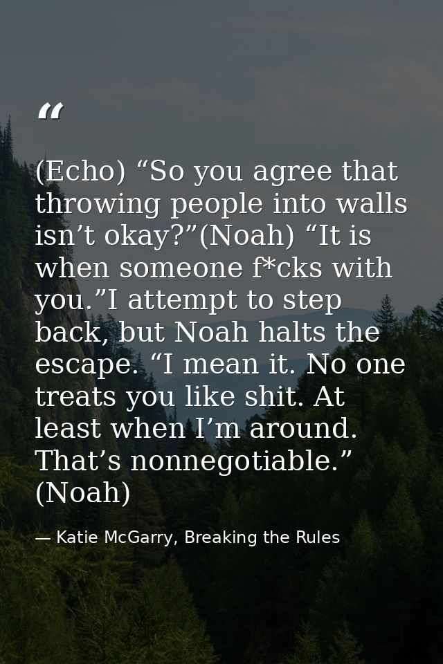 (Echo) “So you agree that throwing people into walls isn’t okay?”(Noah) “It is when someone f*cks with you.”I attempt to — Katie McGarry, Breaking the Rules