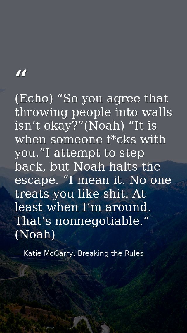 (Echo) “So you agree that throwing people into walls isn’t okay?”(Noah) “It is when someone f*cks with you.”I attempt to — Katie McGarry, Breaking the Rules