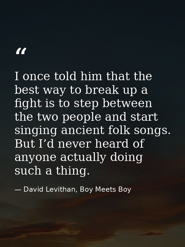 I once told him that the best way to break up a fight is to step between the two people and start singing ancient folk s — David Levithan, Boy Meets Boy