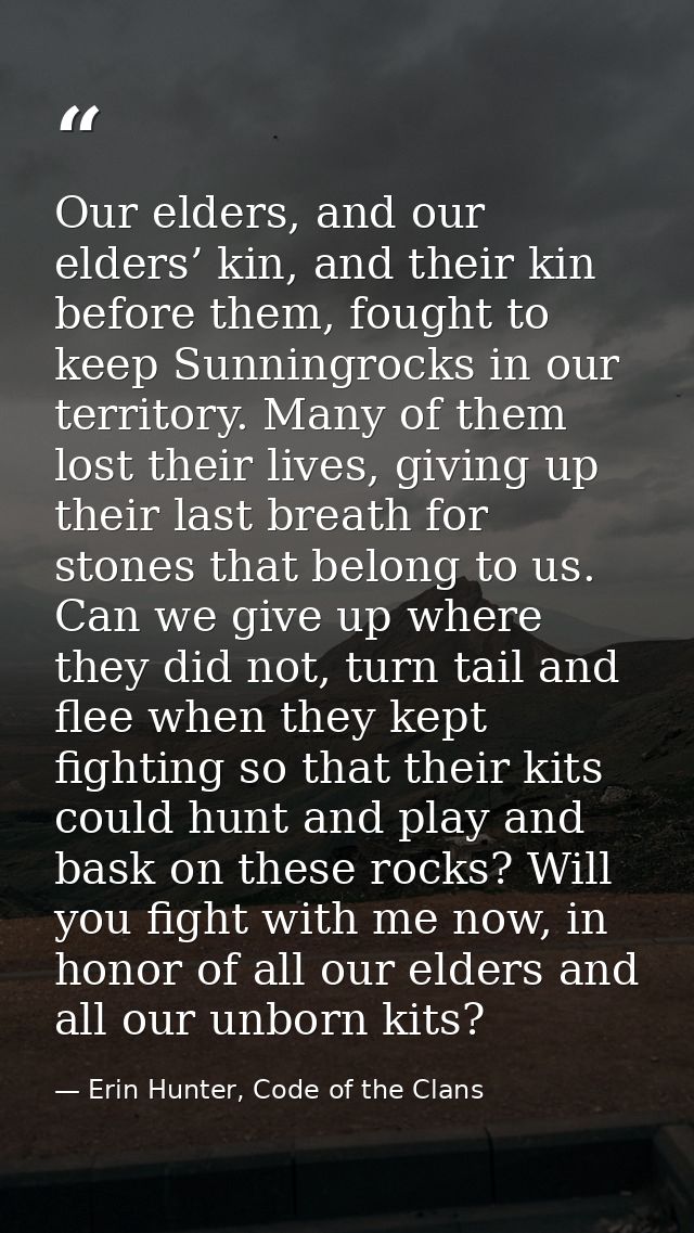 Our elders, and our elders’ kin, and their kin before them, fought to keep Sunningrocks in our territory. Many of them l — Erin Hunter, Code of the Clans