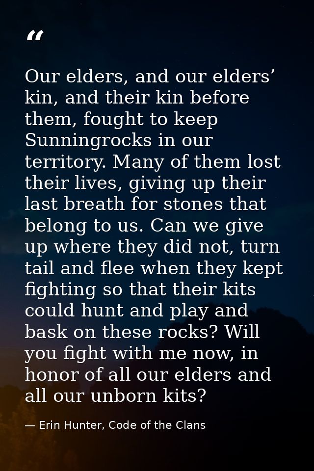 Our elders, and our elders’ kin, and their kin before them, fought to keep Sunningrocks in our territory. Many of them l — Erin Hunter, Code of the Clans
