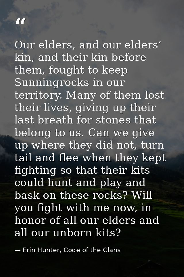 Our elders, and our elders’ kin, and their kin before them, fought to keep Sunningrocks in our territory. Many of them l — Erin Hunter, Code of the Clans