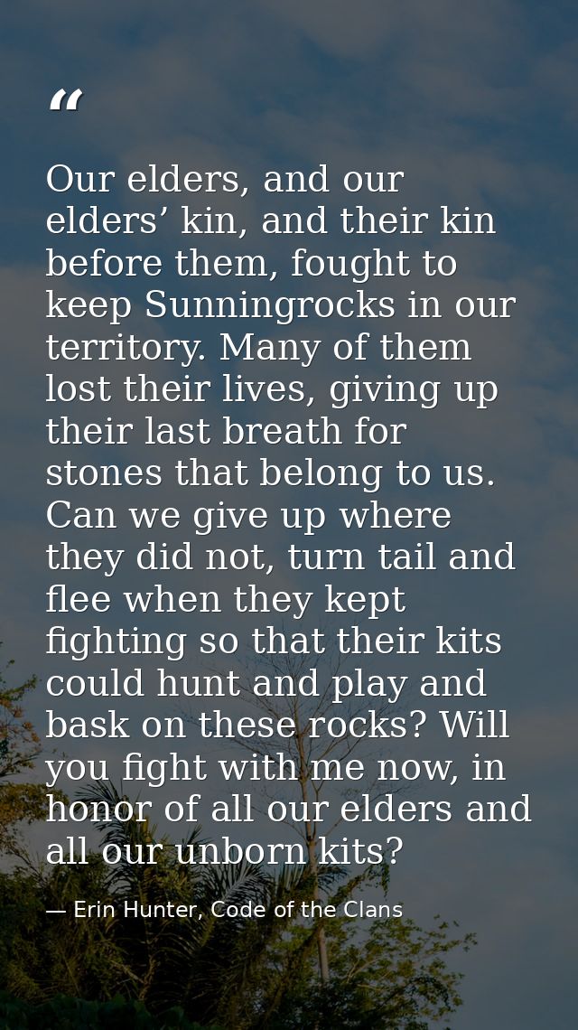 Our elders, and our elders’ kin, and their kin before them, fought to keep Sunningrocks in our territory. Many of them l — Erin Hunter, Code of the Clans