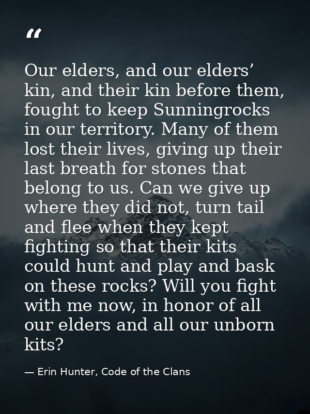 Our elders, and our elders’ kin, and their kin before them, fought to keep Sunningrocks in our territory. Many of them l — Erin Hunter, Code of the Clans