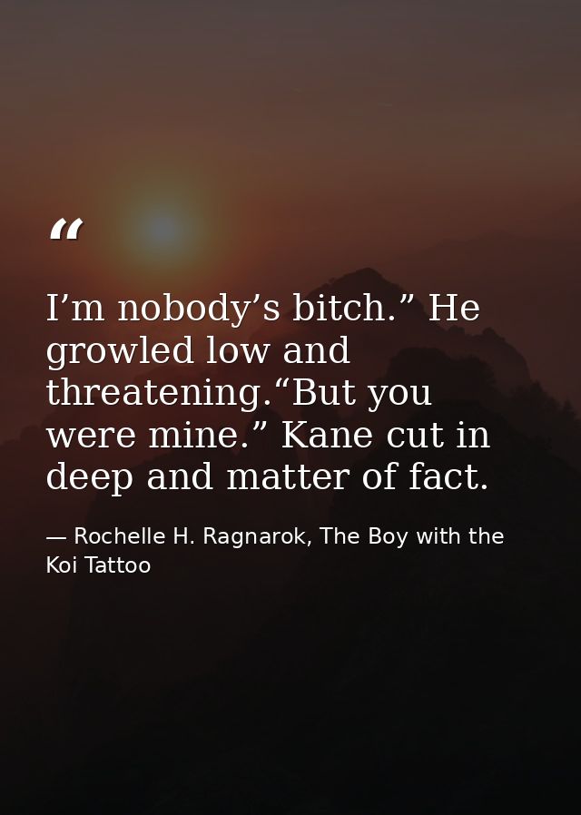 I’m nobody’s bitch.” He growled low and threatening.“But you were mine.” Kane cut in deep and matter of fact. — Rochelle H. Ragnarok, The Boy with the Koi Tattoo