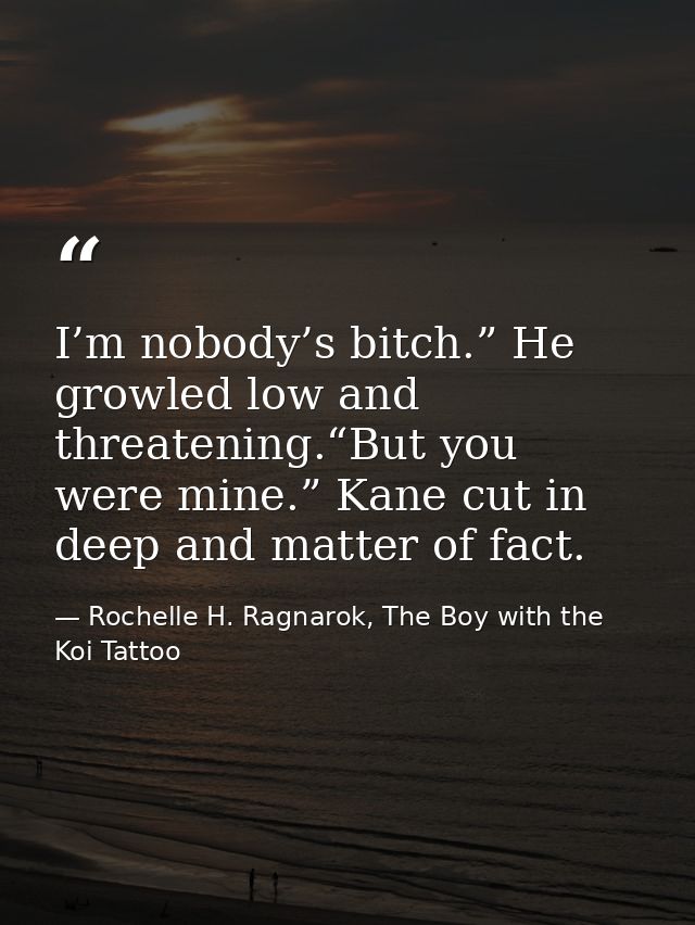 I’m nobody’s bitch.” He growled low and threatening.“But you were mine.” Kane cut in deep and matter of fact. — Rochelle H. Ragnarok, The Boy with the Koi Tattoo
