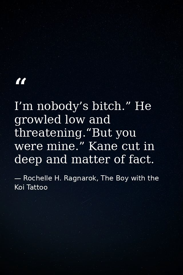 I’m nobody’s bitch.” He growled low and threatening.“But you were mine.” Kane cut in deep and matter of fact. — Rochelle H. Ragnarok, The Boy with the Koi Tattoo
