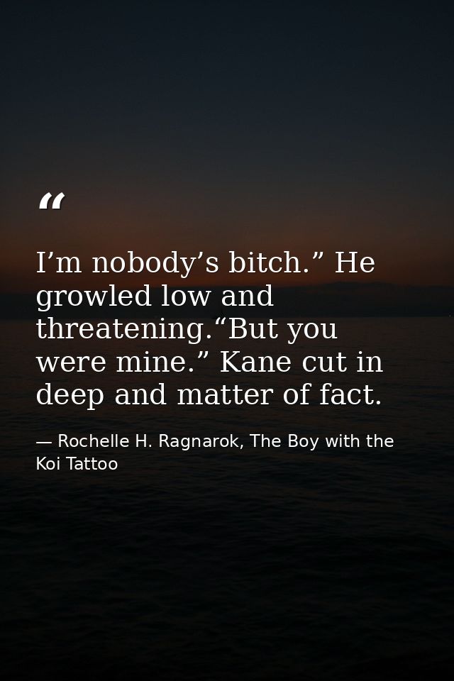I’m nobody’s bitch.” He growled low and threatening.“But you were mine.” Kane cut in deep and matter of fact. — Rochelle H. Ragnarok, The Boy with the Koi Tattoo