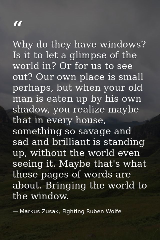 Why do they have windows? Is it to let a glimpse of the world in? Or for us to see out? Our own place is small perhaps,  — Markus Zusak, Fighting Ruben Wolfe