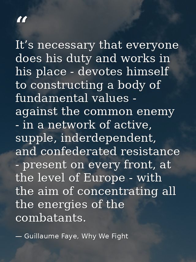 It’s necessary that everyone does his duty and works in his place - devotes himself to constructing a body of fundamenta — Guillaume Faye, Why We Fight