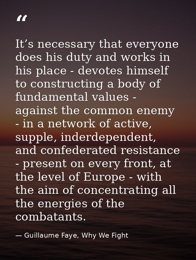 It’s necessary that everyone does his duty and works in his place - devotes himself to constructing a body of fundamenta — Guillaume Faye, Why We Fight