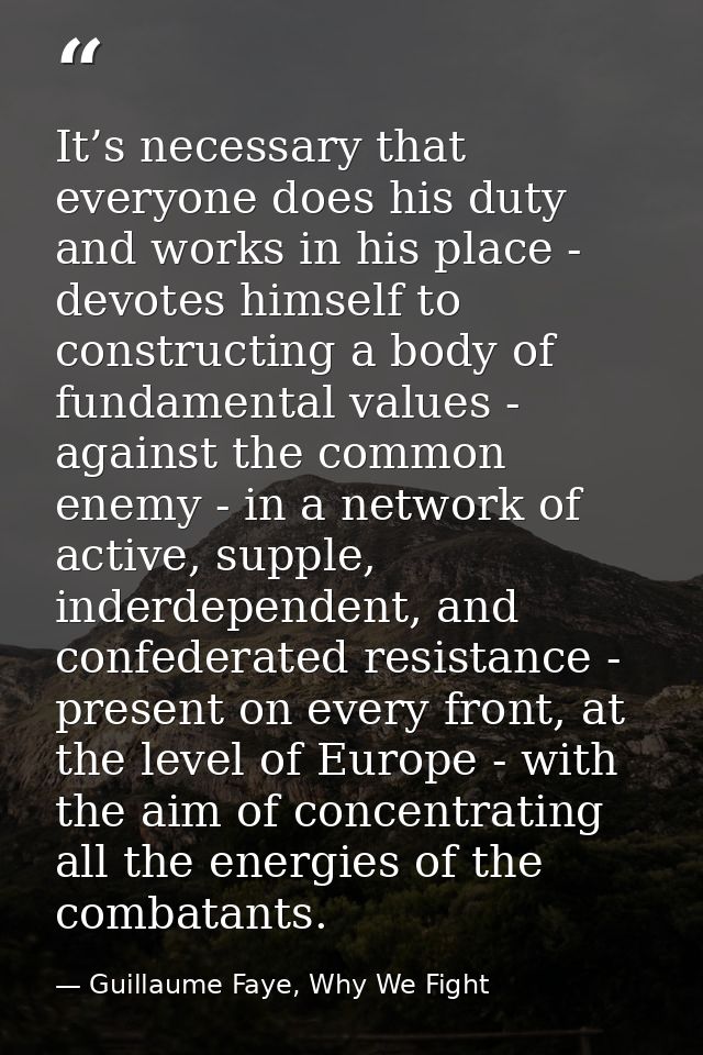 It’s necessary that everyone does his duty and works in his place - devotes himself to constructing a body of fundamenta — Guillaume Faye, Why We Fight