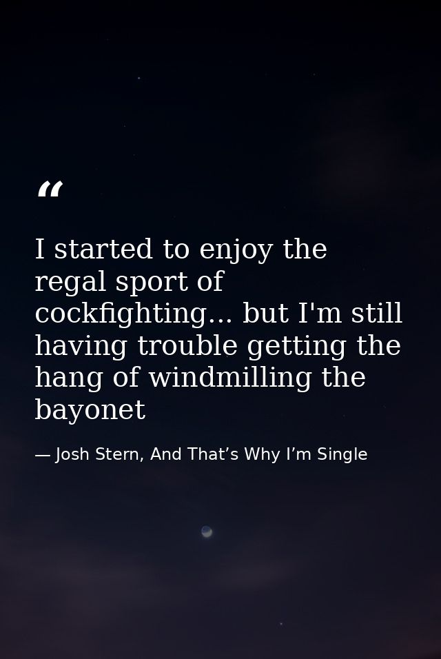 I started to enjoy the regal sport of cockfighting... but I'm still having trouble getting the hang of windmilling the b — Josh Stern, And That’s Why I’m Single
