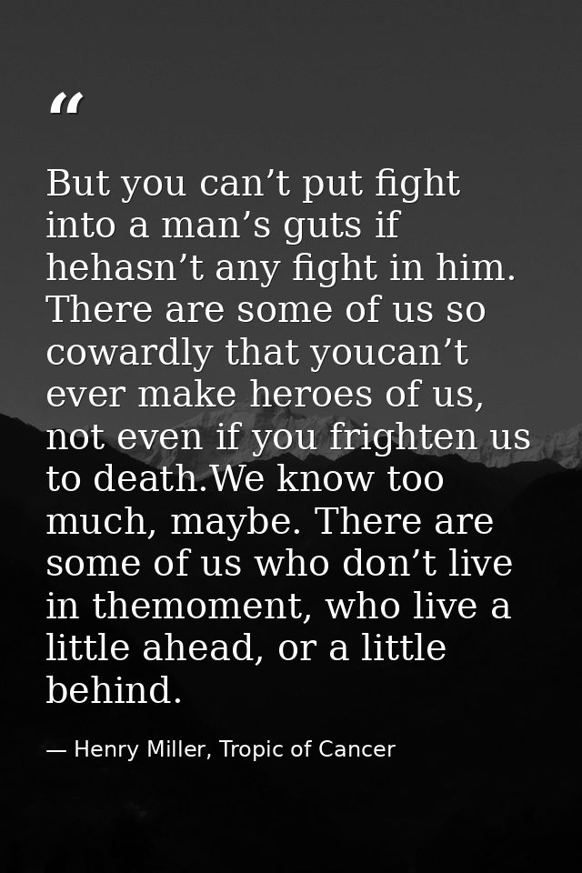 But you can’t put fight into a man’s guts if hehasn’t any fight in him. There are some of us so cowardly that youcan’t e — Henry Miller, Tropic of Cancer