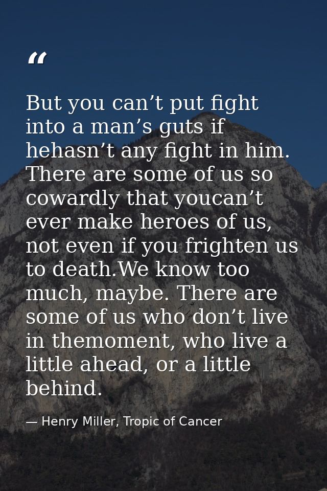 But you can’t put fight into a man’s guts if hehasn’t any fight in him. There are some of us so cowardly that youcan’t e — Henry Miller, Tropic of Cancer