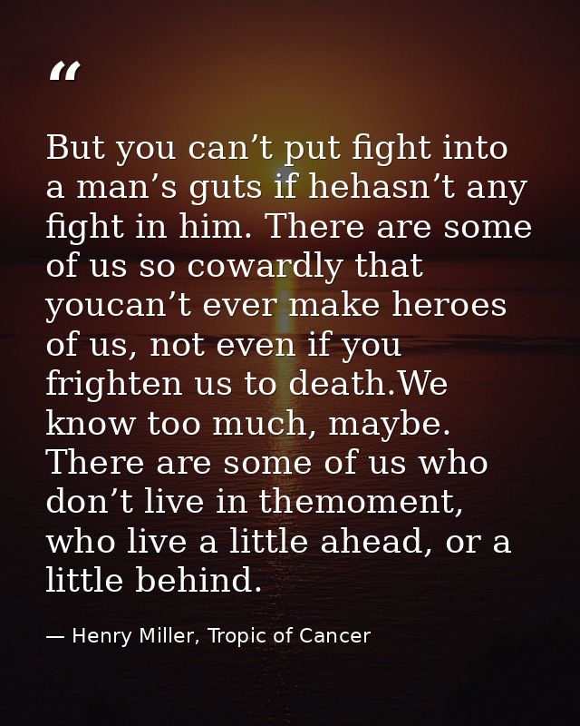 But you can’t put fight into a man’s guts if hehasn’t any fight in him. There are some of us so cowardly that youcan’t e — Henry Miller, Tropic of Cancer