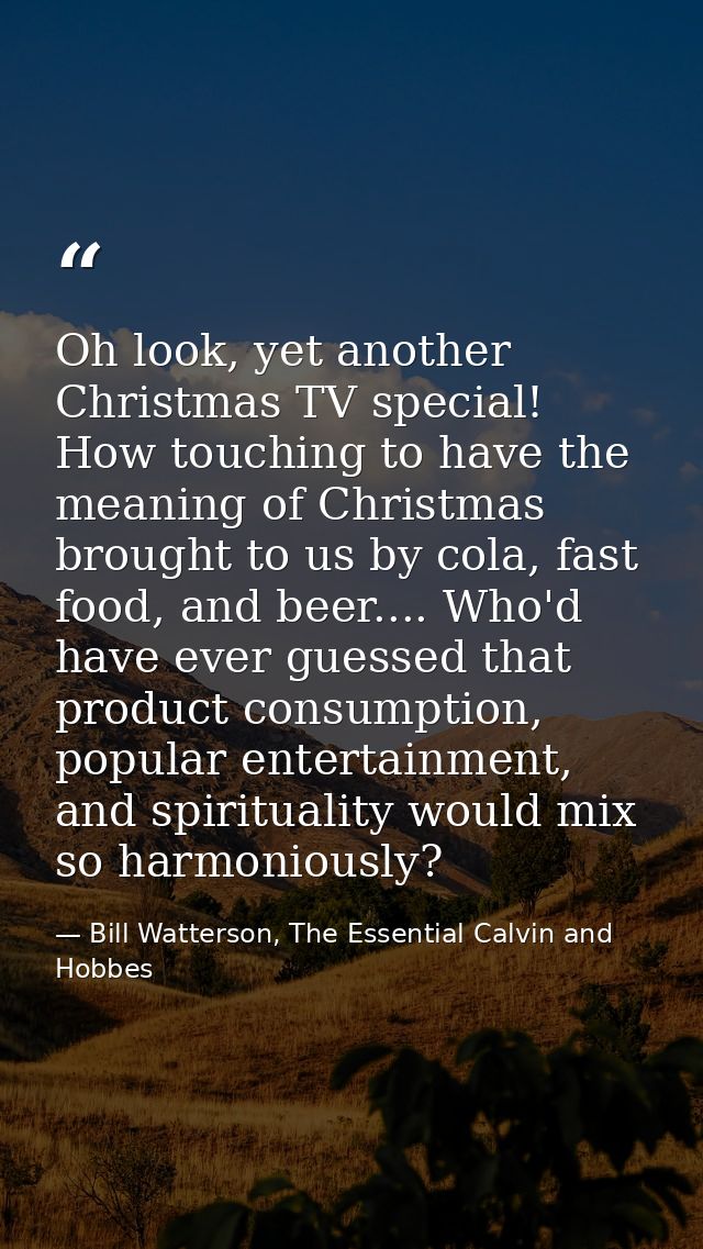Oh look, yet another Christmas TV special! How touching to have the meaning of Christmas brought to us by cola, fast foo — Bill Watterson, The Essential Calvin and Hobbes