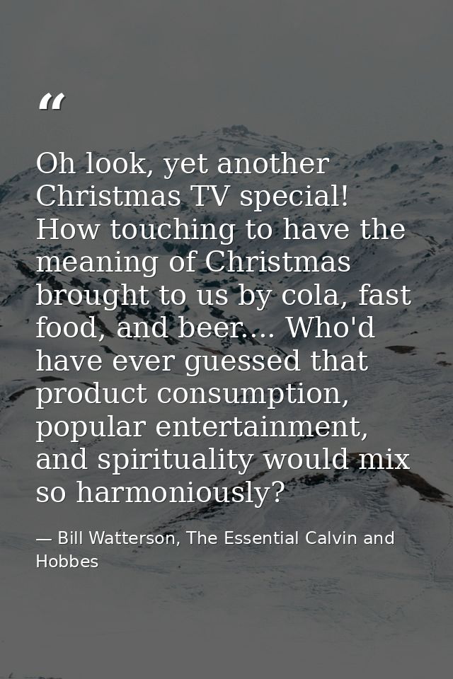Oh look, yet another Christmas TV special! How touching to have the meaning of Christmas brought to us by cola, fast foo — Bill Watterson, The Essential Calvin and Hobbes