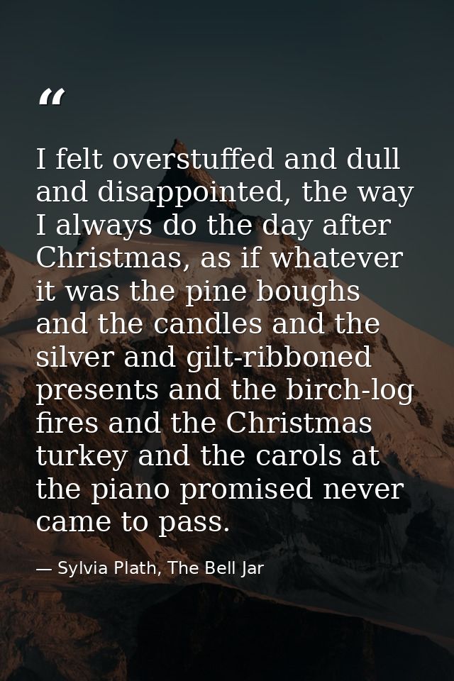 I felt overstuffed and dull and disappointed, the way I always do the day after Christmas, as if whatever it was the pin — Sylvia Plath, The Bell Jar