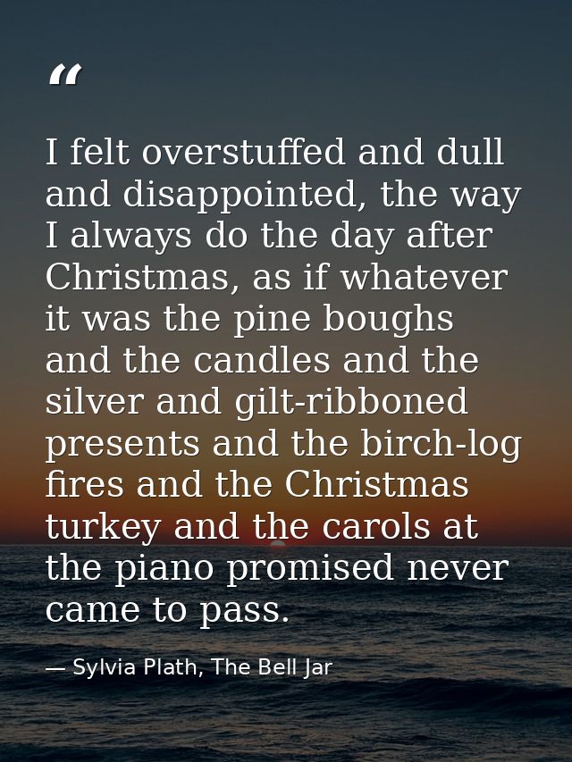 I felt overstuffed and dull and disappointed, the way I always do the day after Christmas, as if whatever it was the pin — Sylvia Plath, The Bell Jar