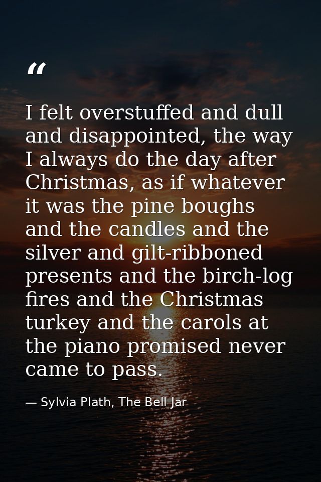 I felt overstuffed and dull and disappointed, the way I always do the day after Christmas, as if whatever it was the pin — Sylvia Plath, The Bell Jar
