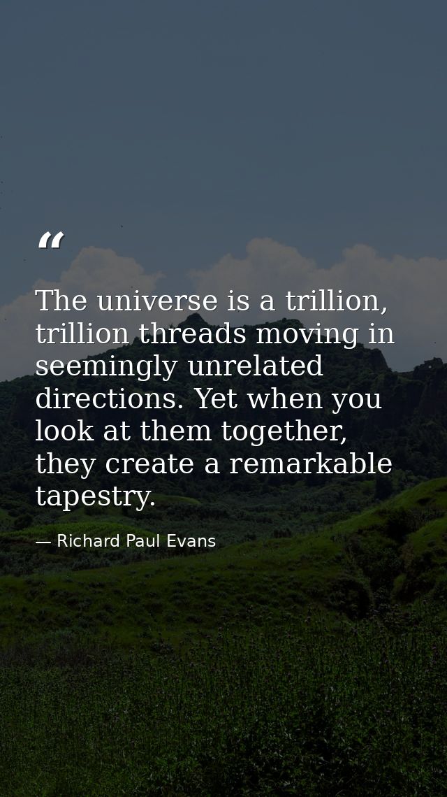 The universe is a trillion, trillion threads moving in seemingly unrelated directions. Yet when you look at them togethe — Richard Paul Evans