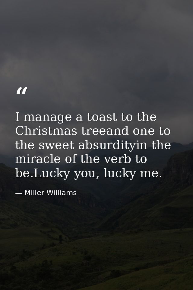 I manage a toast to the Christmas treeand one to the sweet absurdityin the miracle of the verb to be.Lucky you, lucky me — Miller Williams