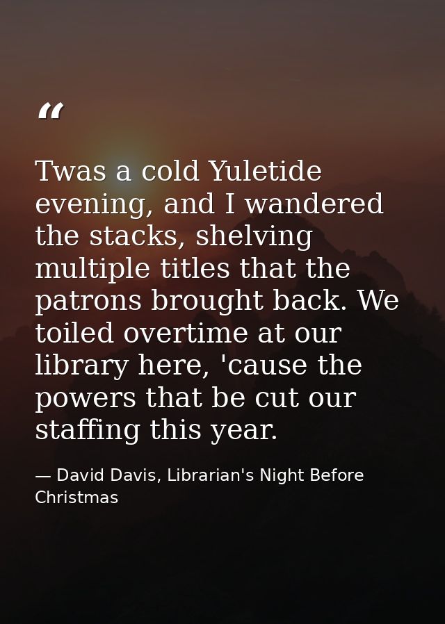 Twas a cold Yuletide evening, and I wandered the stacks, shelving multiple titles that the patrons brought back. We toil — David Davis, Librarian's Night Before Christmas