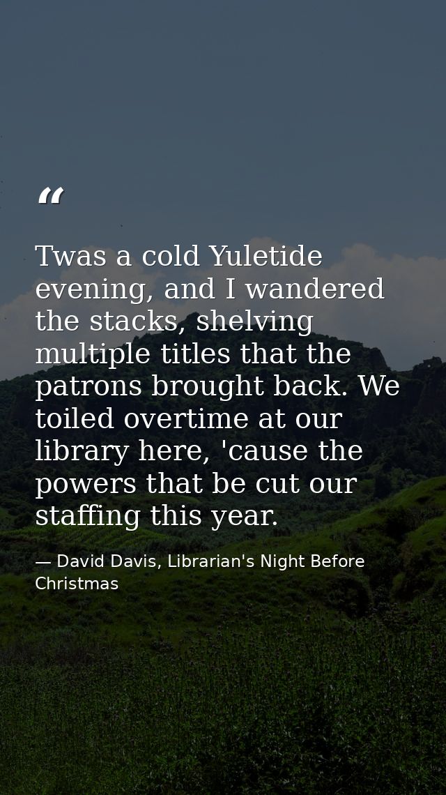Twas a cold Yuletide evening, and I wandered the stacks, shelving multiple titles that the patrons brought back. We toil — David Davis, Librarian's Night Before Christmas