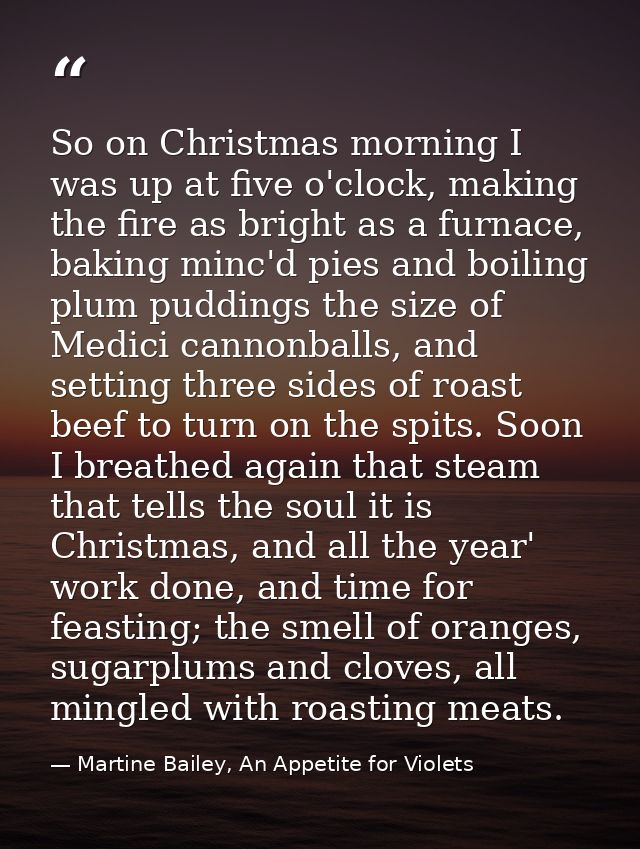 So on Christmas morning I was up at five o'clock, making the fire as bright as a furnace, baking minc'd pies and boiling — Martine Bailey, An Appetite for Violets