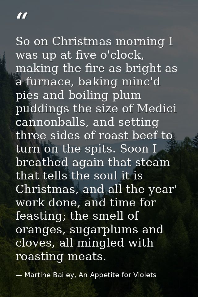 So on Christmas morning I was up at five o'clock, making the fire as bright as a furnace, baking minc'd pies and boiling — Martine Bailey, An Appetite for Violets