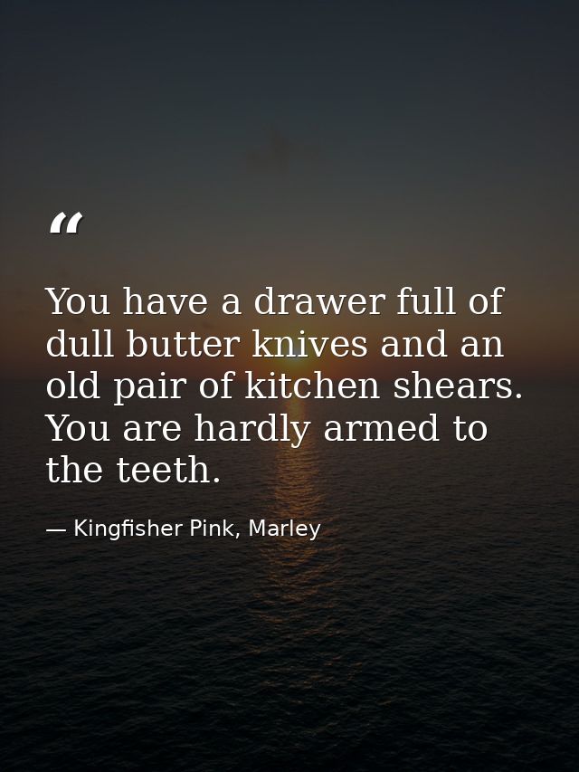 You have a drawer full of dull butter knives and an old pair of kitchen shears. You are hardly armed to the teeth. — Kingfisher Pink, Marley