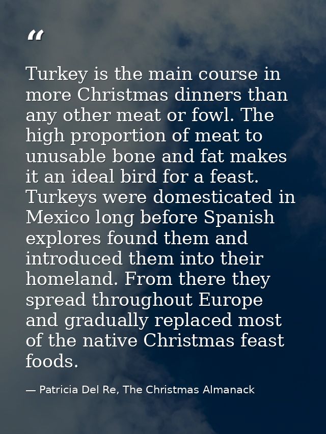 Turkey is the main course in more Christmas dinners than any other meat or fowl. The high proportion of meat to unusable — Patricia Del Re, The Christmas Almanack