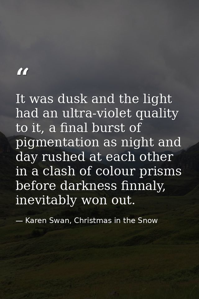 It was dusk and the light had an ultra-violet quality to it, a final burst of pigmentation as night and day rushed at ea — Karen Swan, Christmas in the Snow