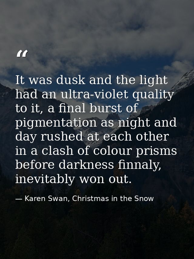 It was dusk and the light had an ultra-violet quality to it, a final burst of pigmentation as night and day rushed at ea — Karen Swan, Christmas in the Snow
