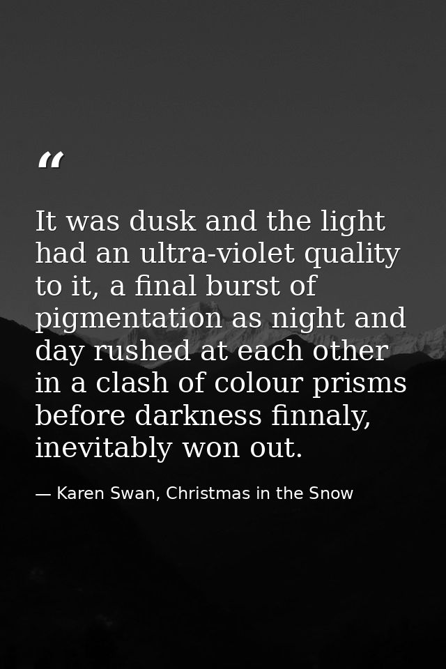 It was dusk and the light had an ultra-violet quality to it, a final burst of pigmentation as night and day rushed at ea — Karen Swan, Christmas in the Snow